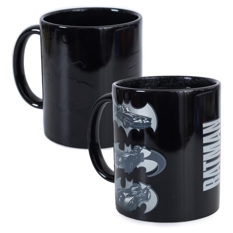 Black mugs with Batman logo and text on a white background