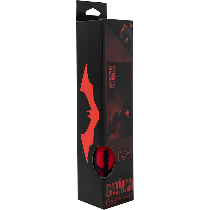 Batman-themed product packaging with red bat symbol on a black background