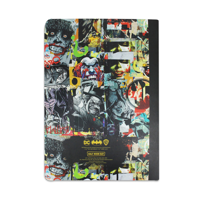 Batman villians notebook back cover. The design is busy, made of images of the villains in a street art design.