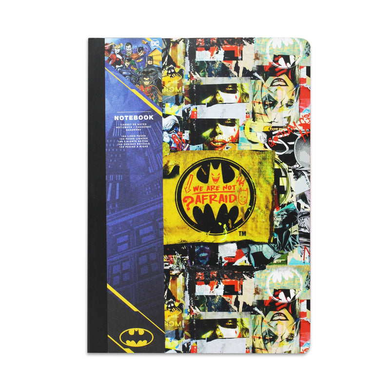 Batman villians notebook front cover. The design is busy, made of images of the villains in a street art design. In the center is a yellow and black batman logo with the words 'we are not afraid' written in it. There is a blue packaging card on the left side.