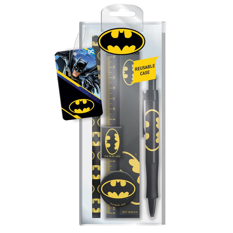 Yellow and black Batman-themed stationery set with pen, pencil, ruler, rubber and sharpener in a clear pencil case on a white background