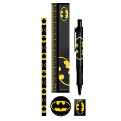 Yellow and black Batman-themed stationery set with pen,  pencil, ruler, rubber and sharpener on a white background