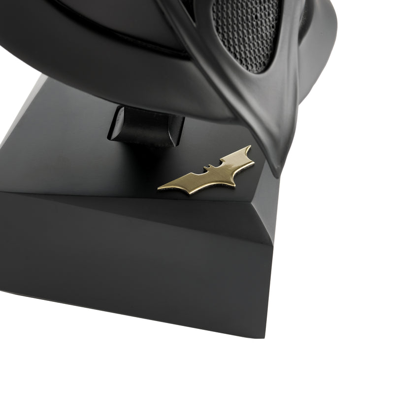 Full sized batman begins cowl replica with display stand - stand base detail with batman logo in gold