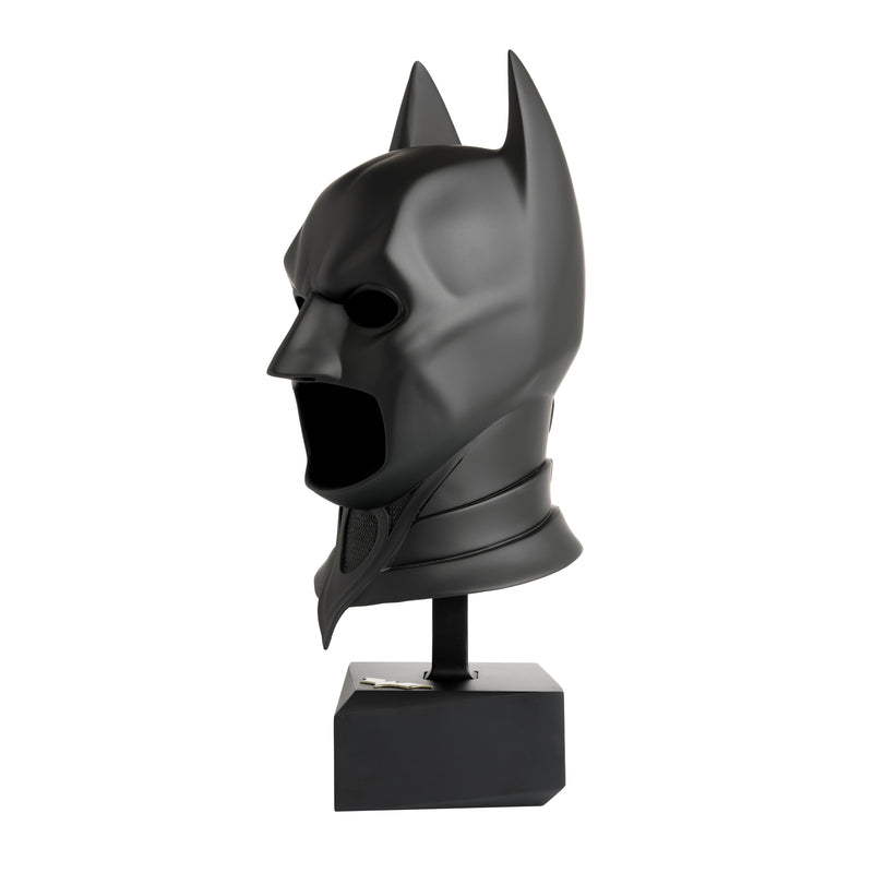 Full sized batman begins cowl replica with display stand - side view- left