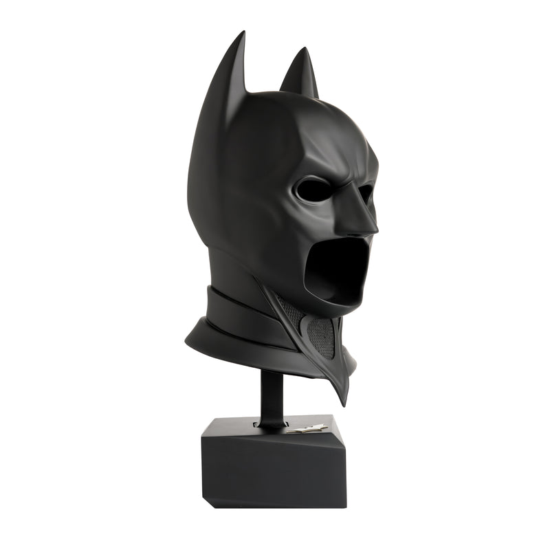 Full sized batman begins cowl replica with display stand - side view