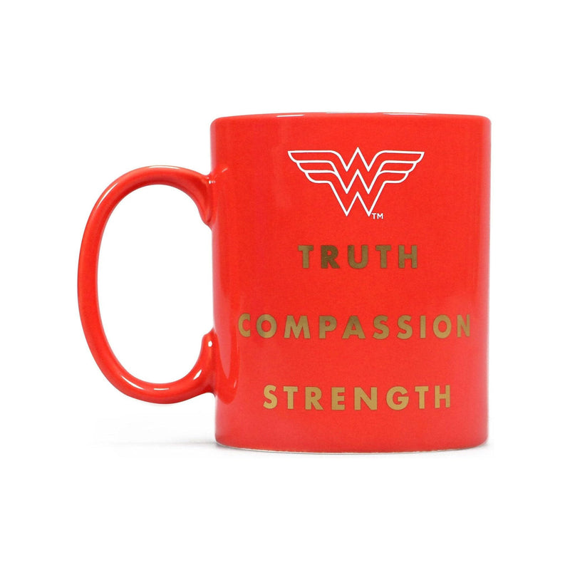 wonder woman mug right side view wiith text reading 'truth, compassion, loyalty'
