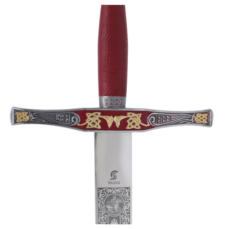 Deluxe Excalibur Cadet Sword replica crossguard hilt pommel and blade closeup detail Toledo engraving