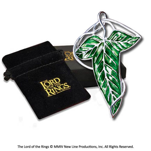 Elven leaf brooch full view with branded packaging