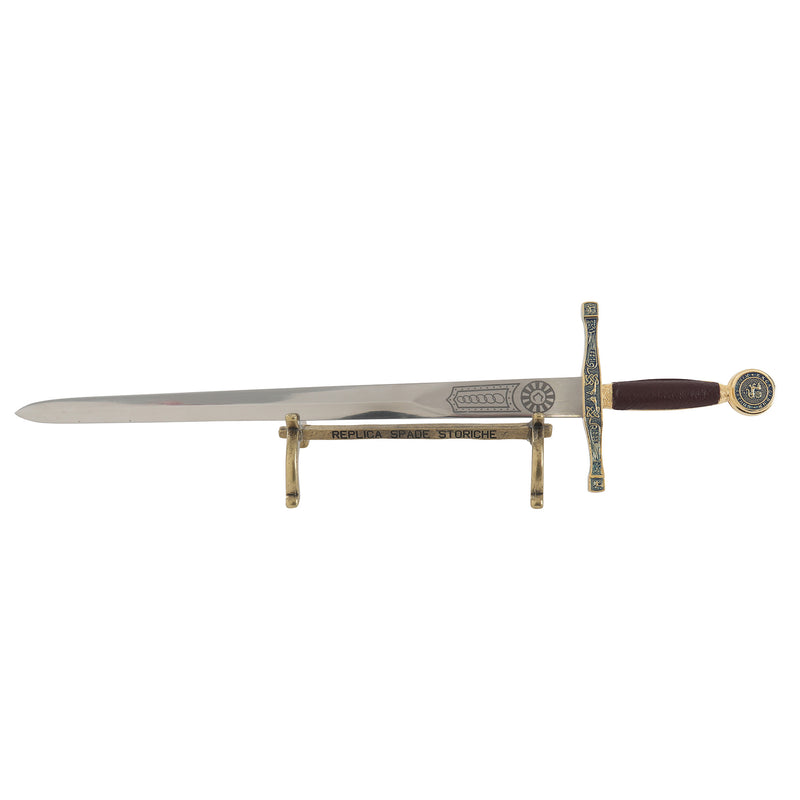 Excalibur mini sword letter opener full view sideways on display stand