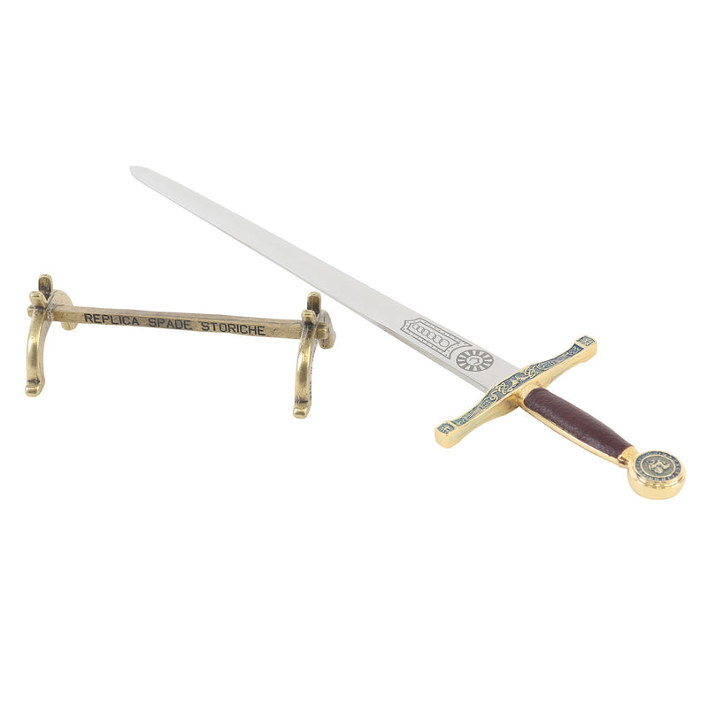 Excalibur mini sword letter opener full view sideways next to display stand