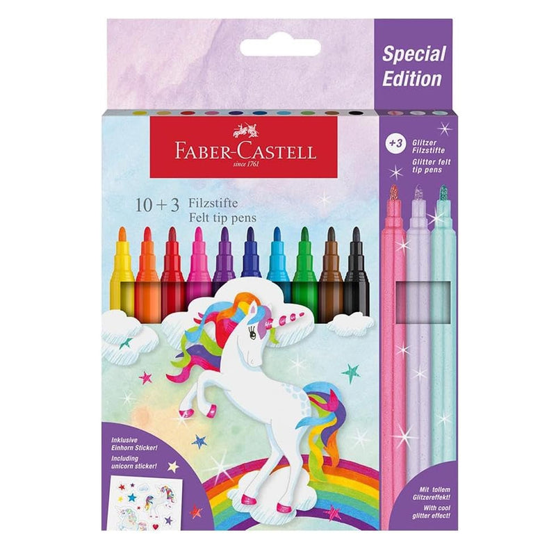 Front of packaging featuring a unicorn, Faber-castell logo and images of 13 colour felt tip pens
