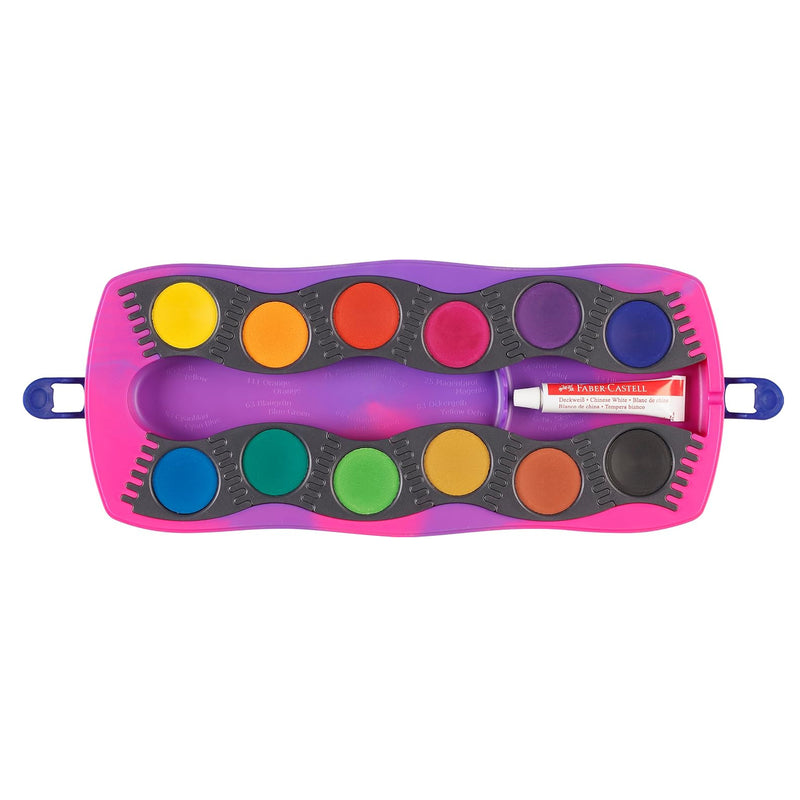 water colour set open with 12 colour paint circles and a tube of white paint