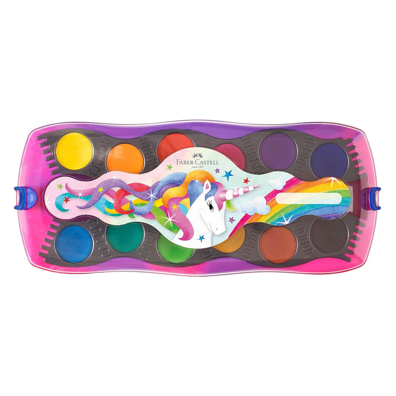 Water colour container closed with unicorn graphic on front of packaging