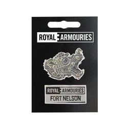 fort nelson dragon cannon and fort nelson logo pin badge on royal armouries backing board