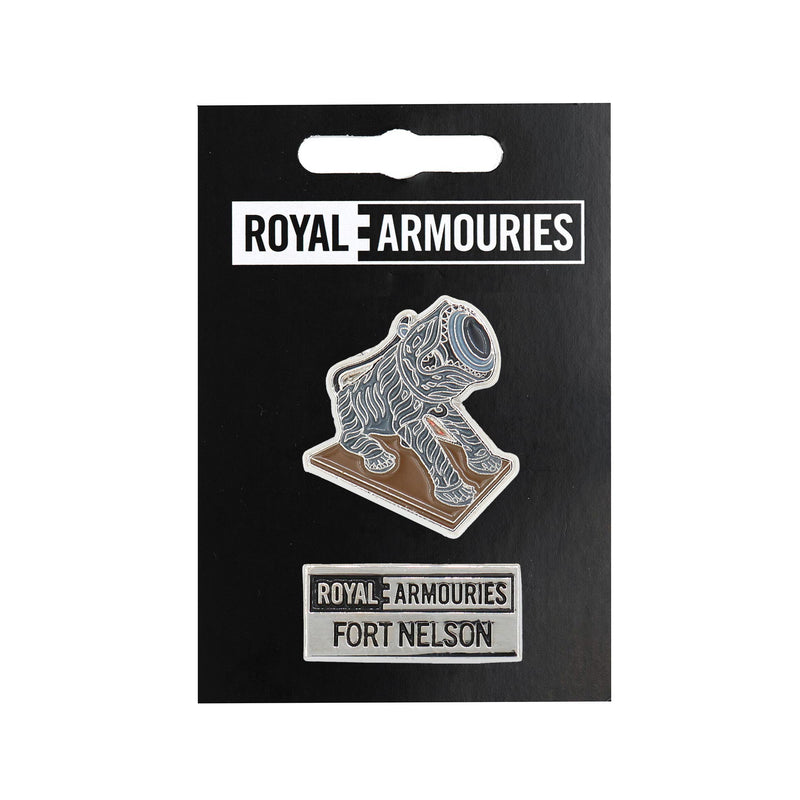 fort nelson tiger cannon and fort nelson logo pin badge set on royal armouries backing board