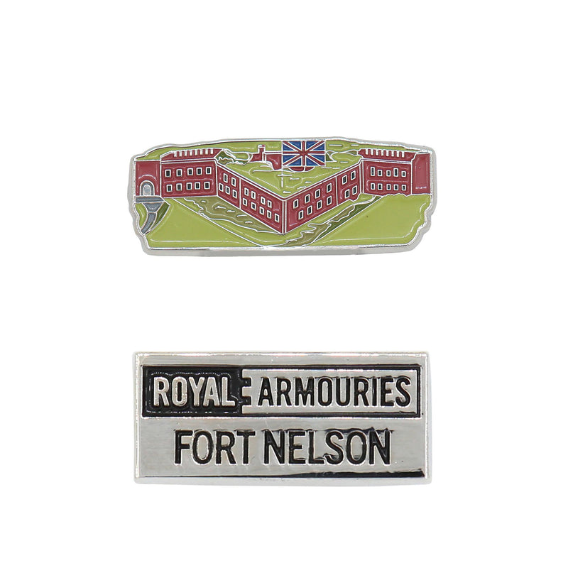 fort nelson vintage style building and logo pin badge set