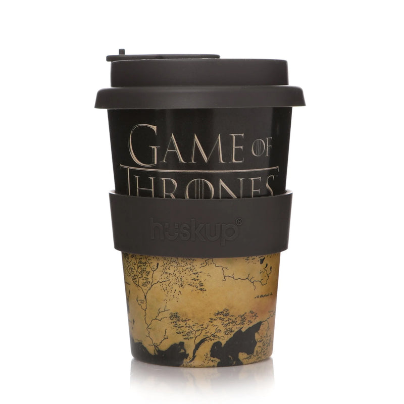 Black Game of Thrones Map of Westeros Rice Husk Travel Mug left side view with silicone band