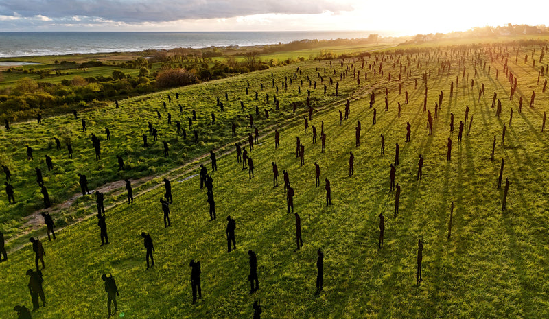 A large number of solider shilouettes arranged in a grid pattern on a grassy field with a coastal background. Photo credit Gareth Fuller