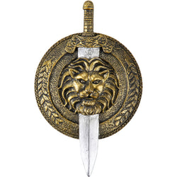 resin magnet in the style of a circular shield with a lions head at the centre and sword