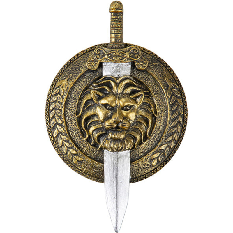 resin magnet in the style of a circular shield with a lions head at the centre and sword