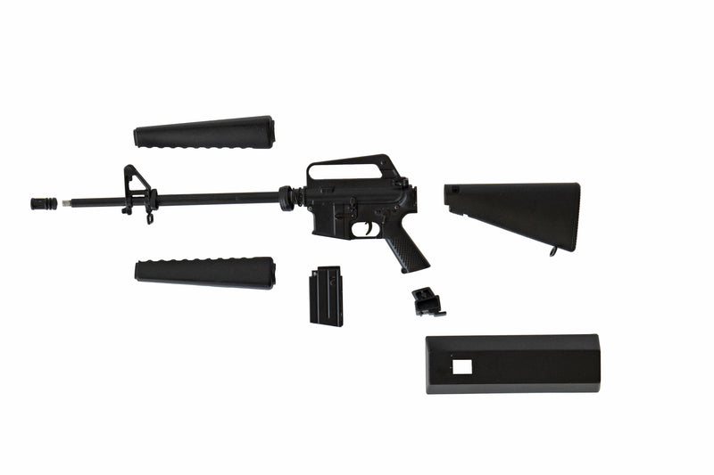 Unassembled M16A1 model kit showing all workable parts and included display stand