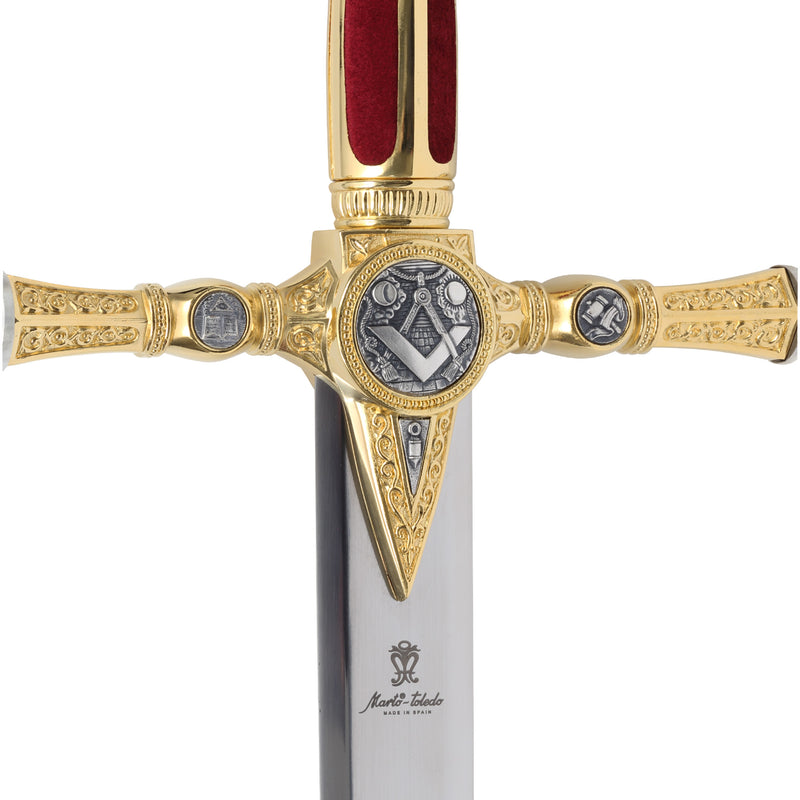 Golden Masonic Sword replica crossguard engraving detail at an angle