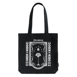 Black tote bag with Lord of the rings logo and white tree of gondor graphic