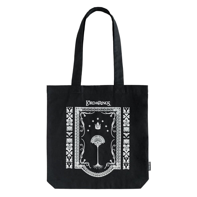 Black tote bag with Lord of the rings logo and white tree of gondor graphic