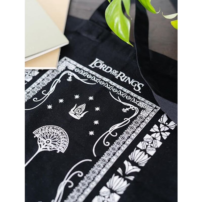 close up of lord of the rings graphic on black tote bag
