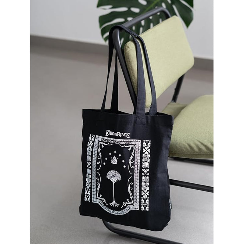 Lord of the rings tote bag hanging on the back of a chair