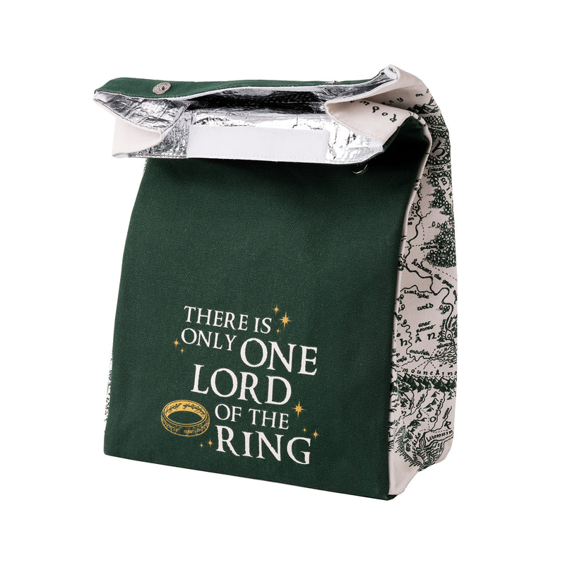 Green lord of the rings rolltop lunch bag reading 'there is only one lord of the ring' front view open