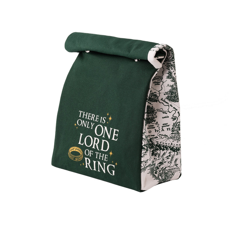 Green lord of the rings rolltop lunch bag reading 'there is only one lord of the ring' side view