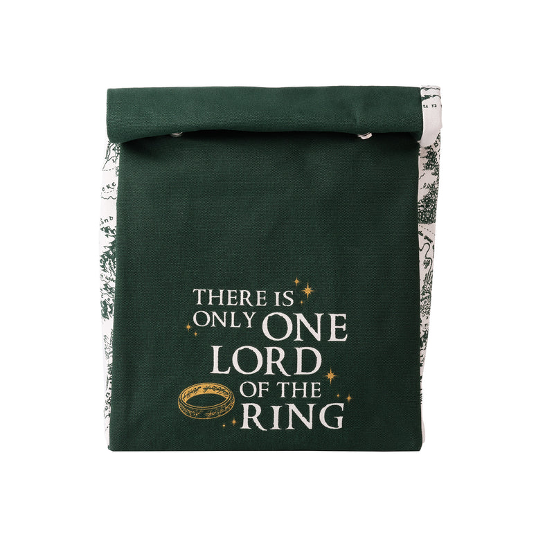 Green lord of the rings rolltop lunch bag reading 'there is only one lord of the ring' front view