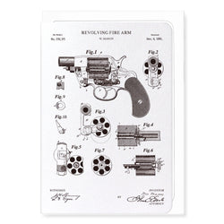 greetings card with black and white patent diagram of a revolver on a white background