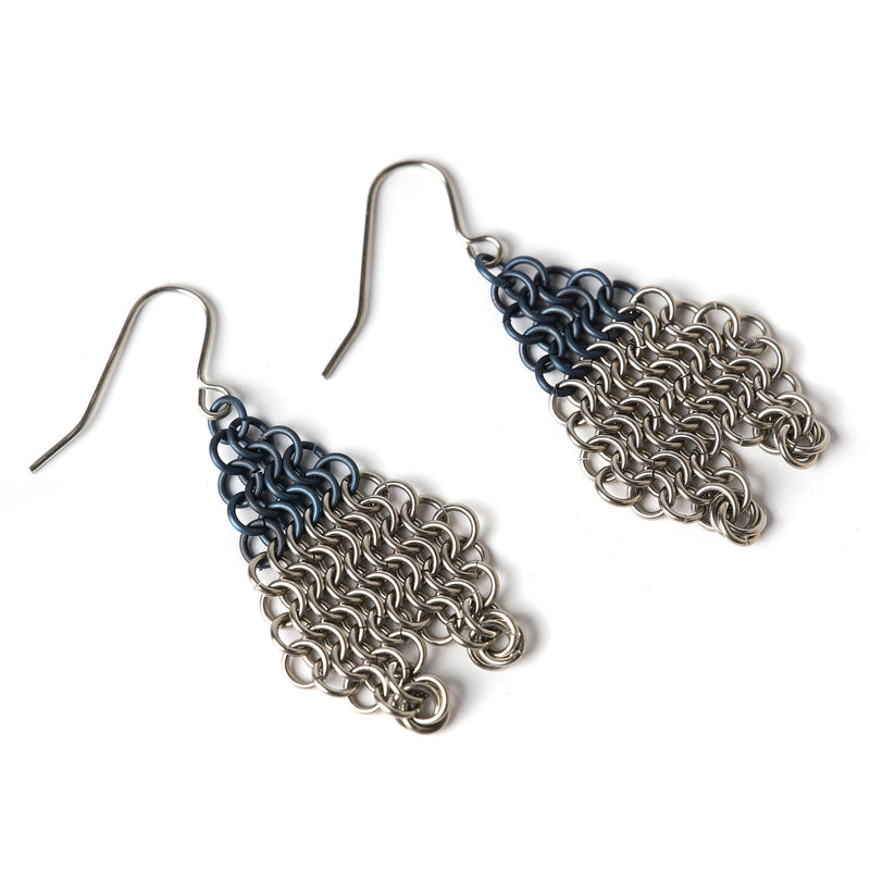 Mobius Arrow Head Dark Blue Split Base Chain Mail Earrings  - Anjo Designs