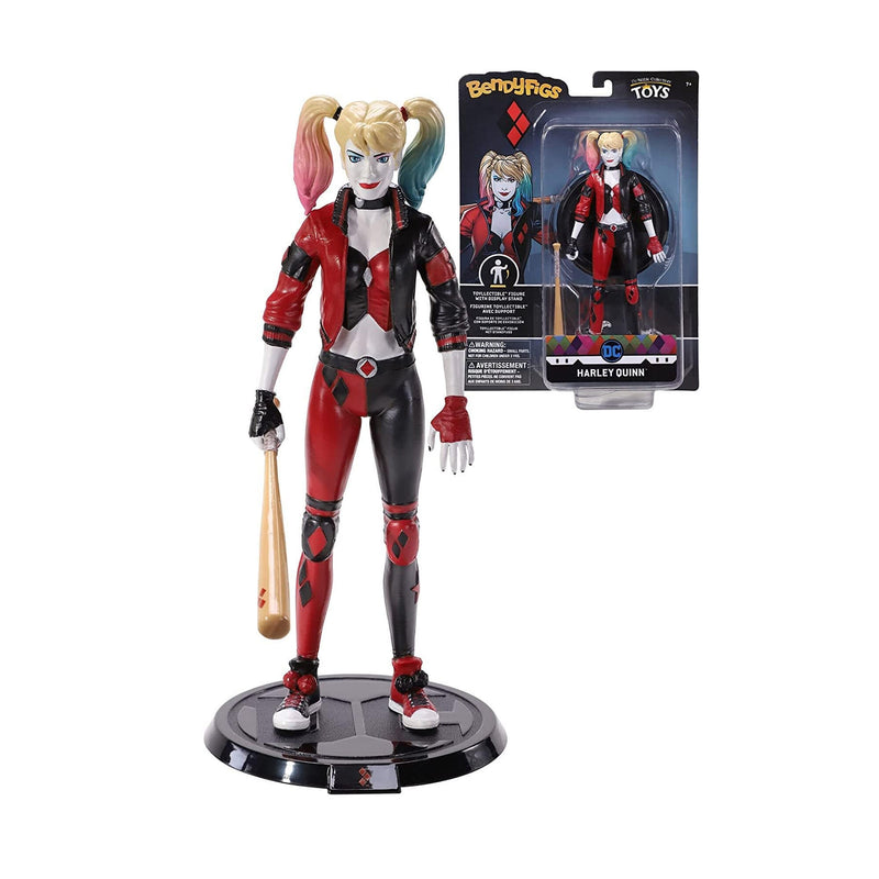 Harley quinn bendyfig front view next to branded packaging