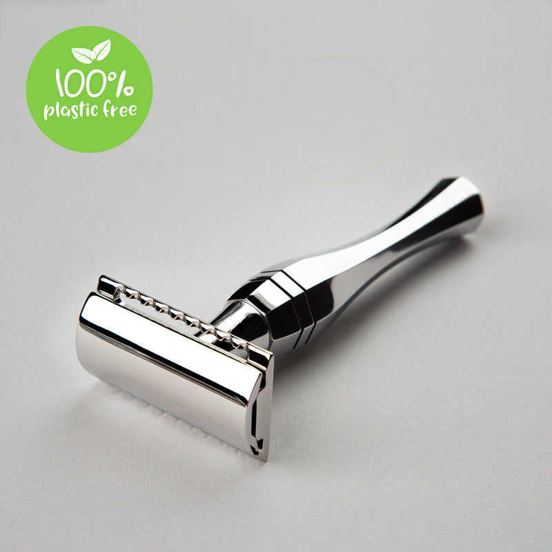 Line of Kings' Eltham Stainless Steel Safety Razor full view with sign reading '100% plastic free