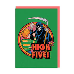 Card with a cartoon-style illustration of a child and the Grim Reaper giving a high five, with 'HIGH FIVE!' text on a green background.