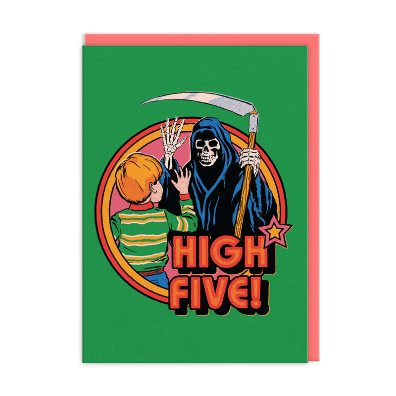 Card with a cartoon-style illustration of a child and the Grim Reaper giving a high five, with 'HIGH FIVE!' text on a green background.