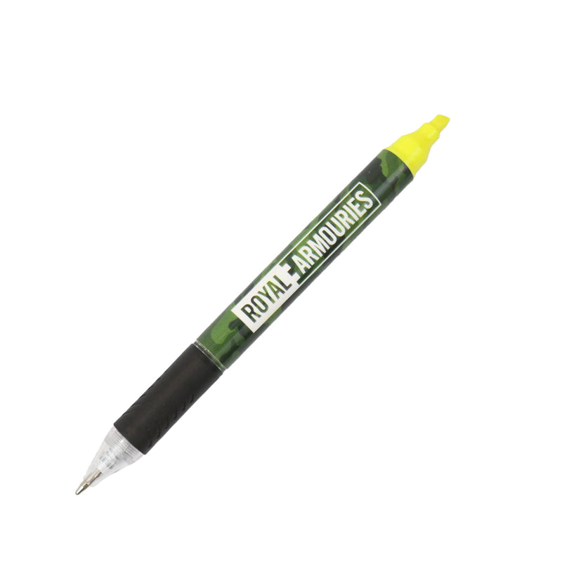 Highlighter / ballpoint pen combo in dpm camo pattern with royal armouries logo