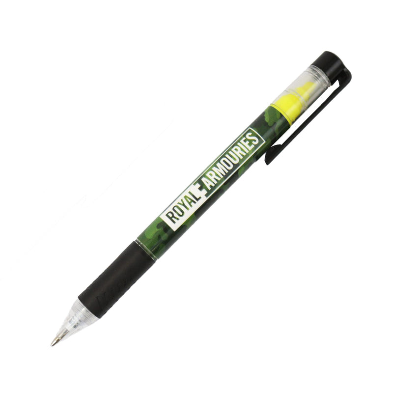 Highlighter / ballpoint pen combo in dpm camo pattern with royal armouries logo