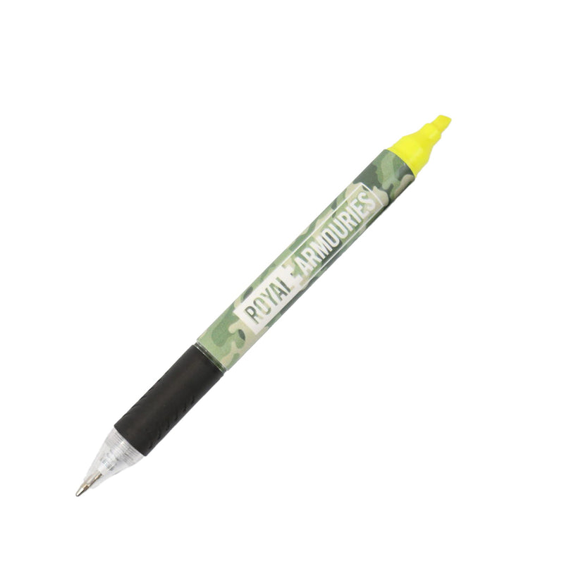 Highlighter / ballpoint pen combo in mtp camo pattern with royal armouries logo
