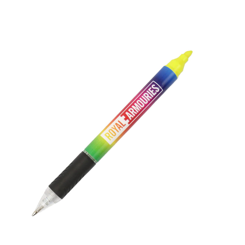 Highlighter / ballpoint pen combo in rainbow pattern with royal armouries logo
