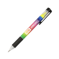 Highlighter / ballpoint pen combo in rainbow pattern with royal armouries logo
