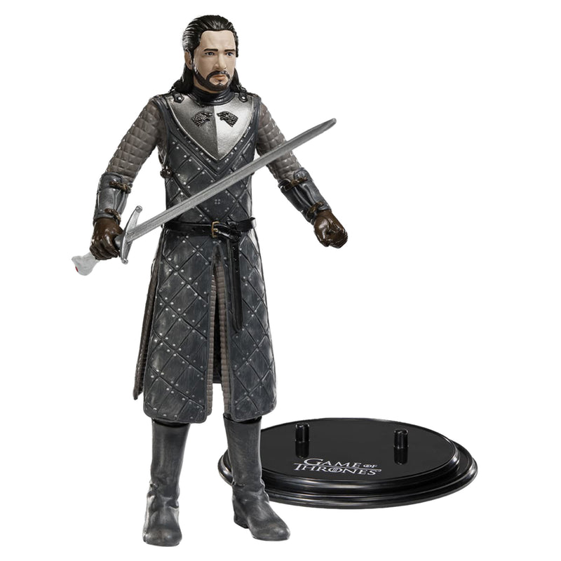 Jon Snow Bendyfig standing next to black display stand that reads 'Game of Thrones'