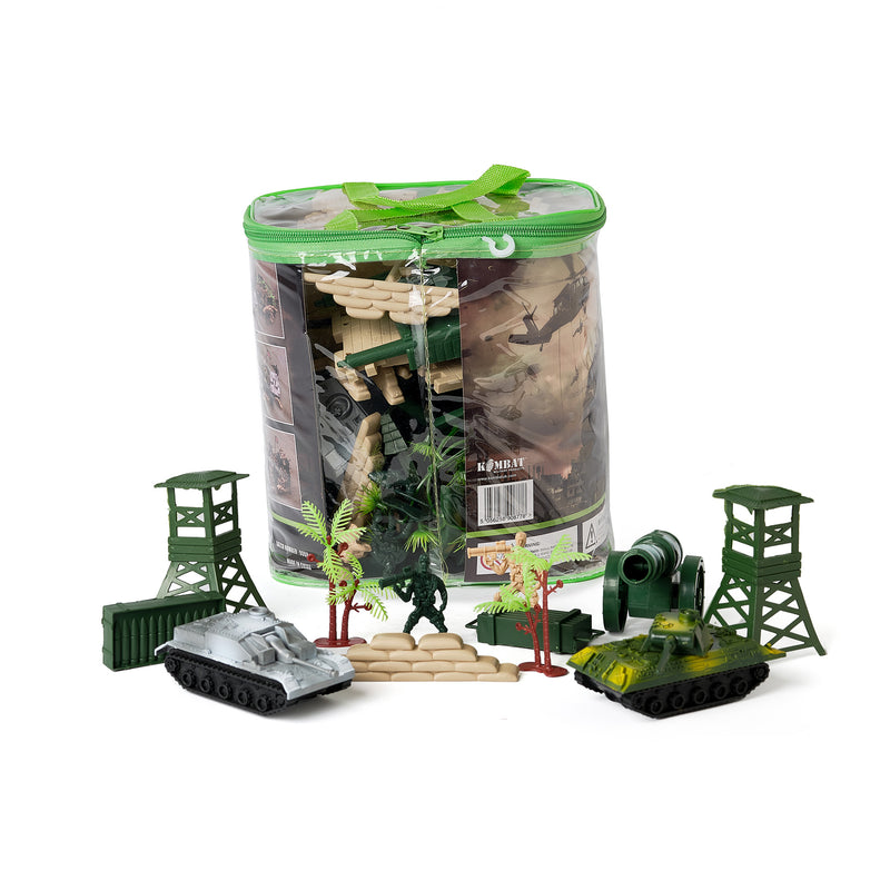 Medium Kombat Force Playset contents with back view of the plastic zip up bag in the background