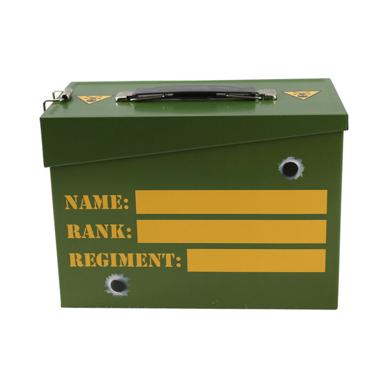 Green Army Ammo Tin with Yellow text back name tag
