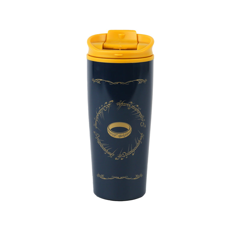 Navy blue tumbler with yellow lid featuring a ring design on a white background