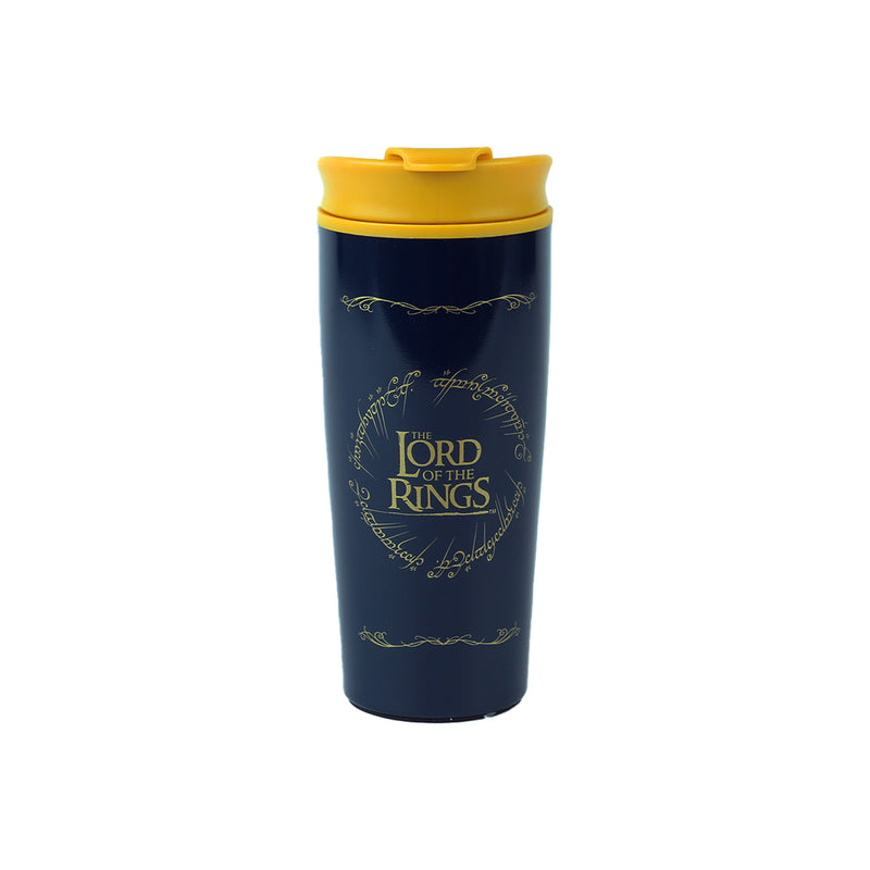 Navy blue tumbler with yellow lid featuring 'The Lord of the Rings' logo on a white background
