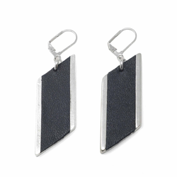 Large Diamond Feature Drop Earrings with Black Leather Inlay full view